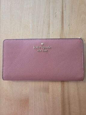 kate spade pink saffiano zip-around wallet with gold logo NEW!